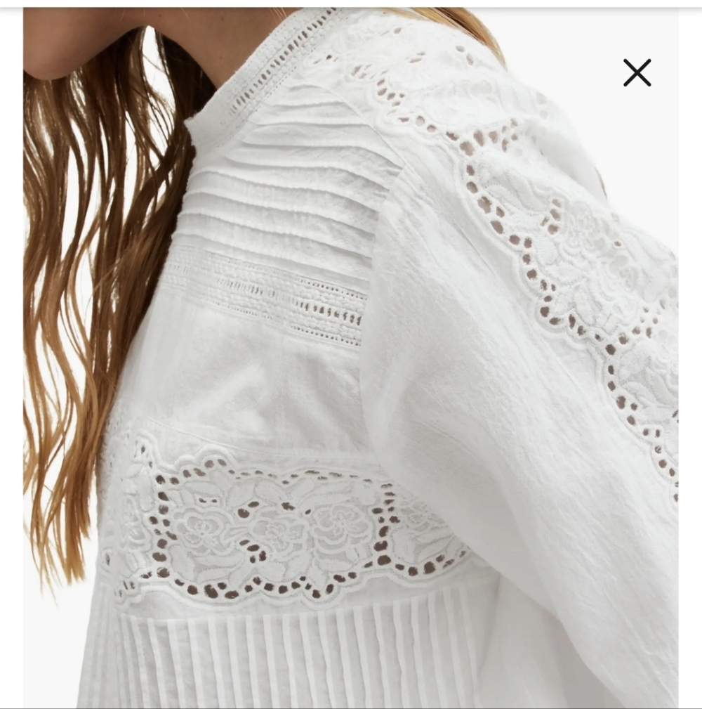 All Saints Elaia Bright White Eyelet Embroidered Semi Sheer Pleated Cotton Top 0 - Picture 2 of 9